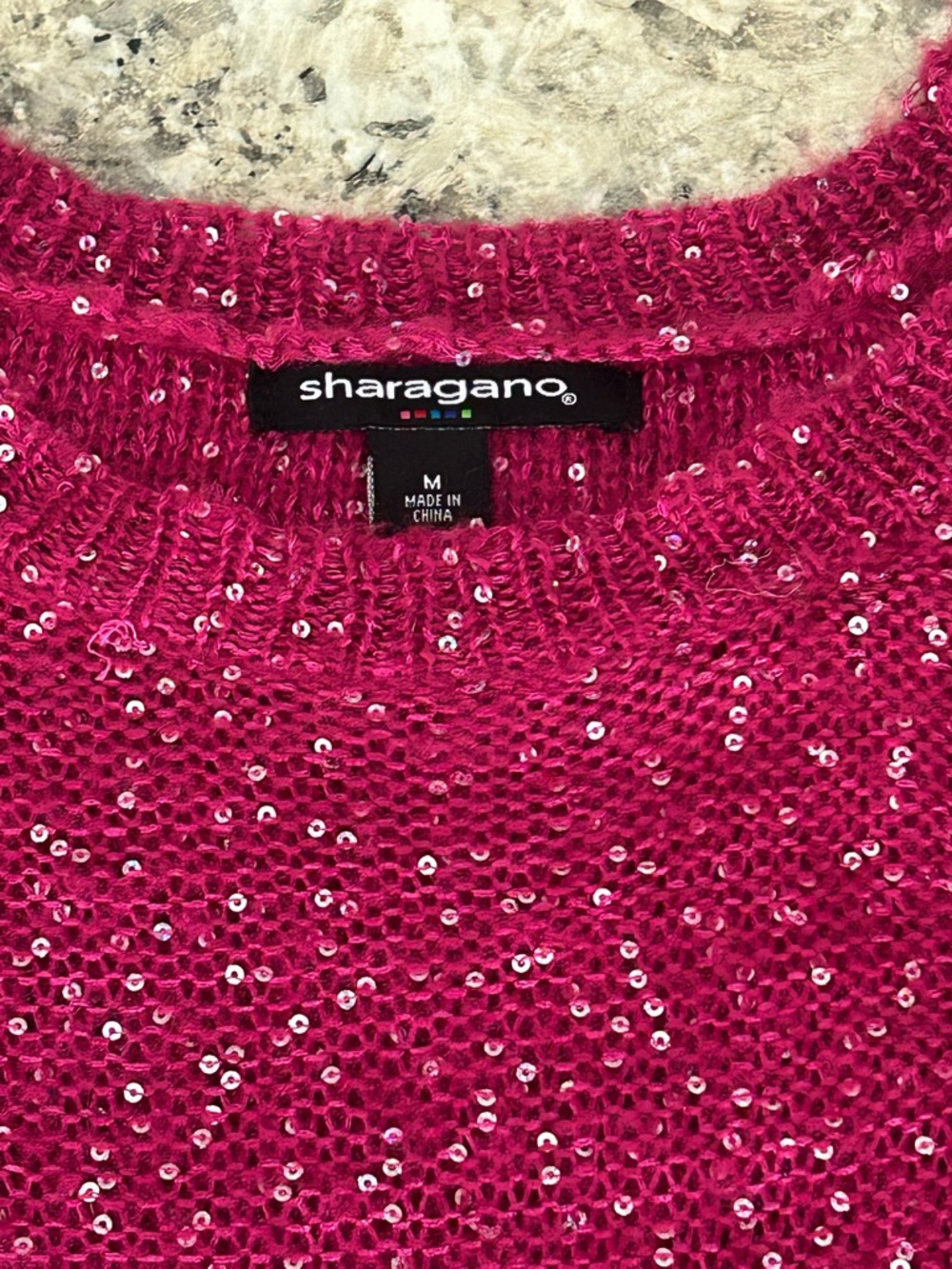 Sharagano Fuchsia Pink Sequin Knit Sweater Sparkly Crew Neck Size M - Picture 4 of 9